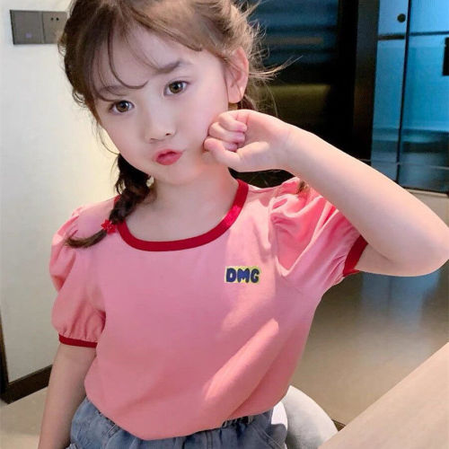 Girls' short sleeve T-shirt summer middle school kids' foreign style top girls' bubble sleeve top pure cotton simple bottomed shirt