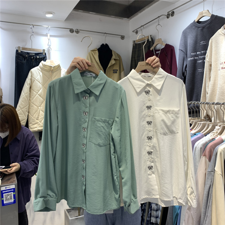 Original price 47.37! Early spring new! [free Valley] fashion aging Butterfly Embroidery versatile shirt 4225\lsw