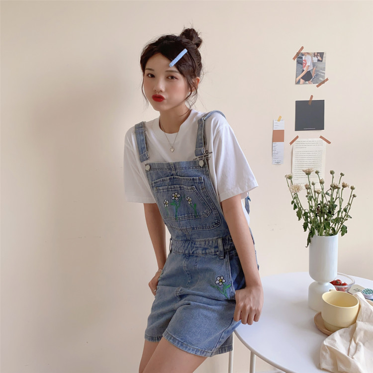Original price 49.41! [free Valley] floret embroidery age reduced denim strap pants 8010\lsw
