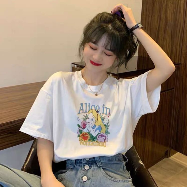 [miss Xixi] cartoon printed Korean loose round neck in short sleeve T-shirt 7763-1\db