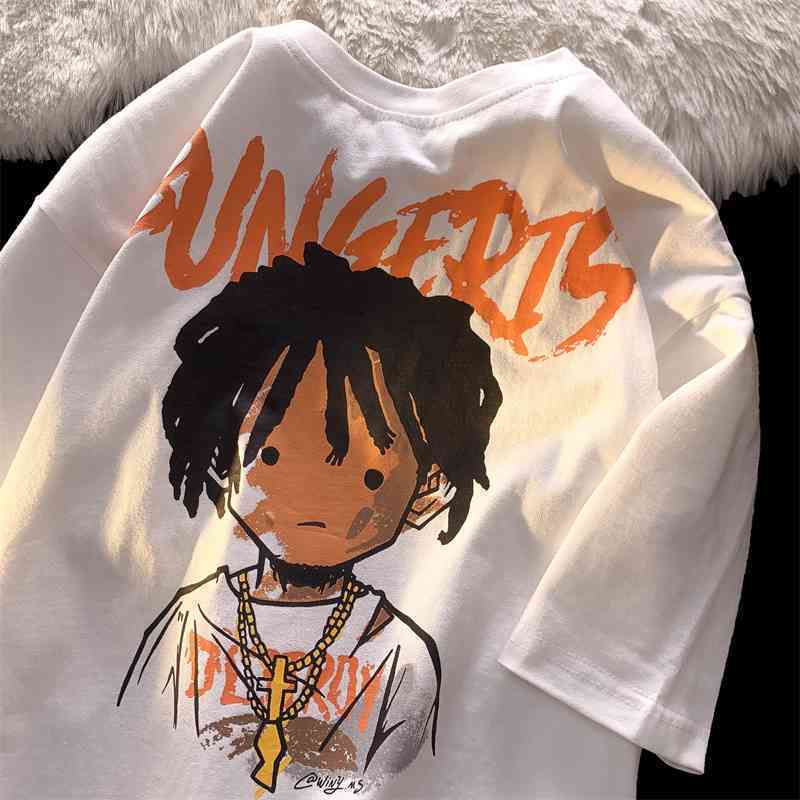 100% cotton American street cartoon character short sleeve t-shirt men's fashion brand loose Vintage hip hop couple T-shirt