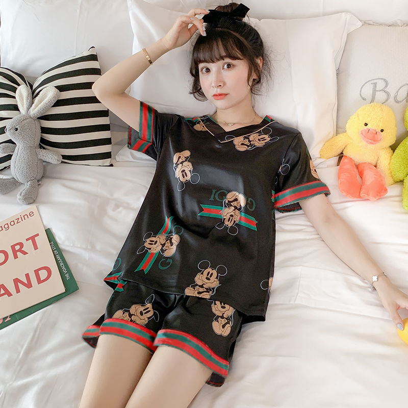 Pyjama girl summer ice thin two piece suit summer spring and autumn short sleeve Korean cute student ins home clothes
