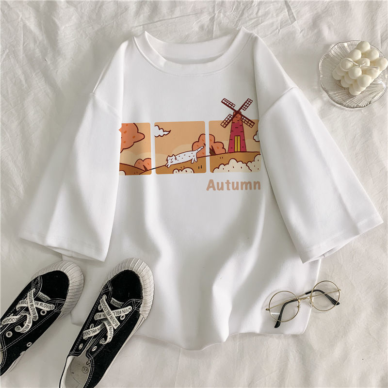 Summer 2022 new Korean version original ins printed short sleeve T-shirt women's loose sweet college style bottomed Shirt Top trend