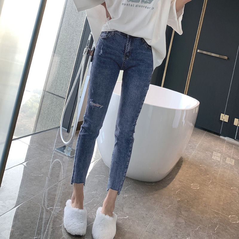 Pierced high waist jeans women's South Korea BF new autumn super soft elastic cropped pants slim slim Leggings