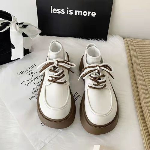 British style small leather shoes women's spring  new versatile platform muffin lace up round head Japanese JK Mary Jane shoes