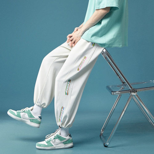Ice silk pants men's summer thin sports cropped pants Korean version trend loose and versatile white legged casual pants