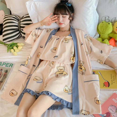 Pyjama girl summer Nightgown suspender cute blue bear 2022 new spring and autumn comfortable home clothes bathrobe set
