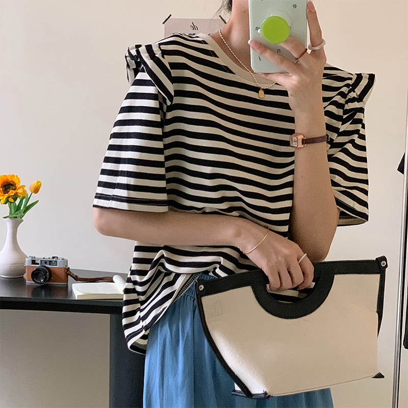 Real shot striped short sleeve T-shirt women's summer and Korean version loose Ruffle edge chic design sense niche chic round neck top
