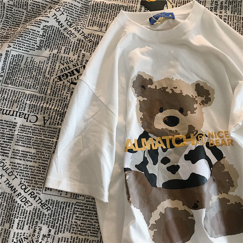 Cotton American retro cartoon printed short sleeve T-shirt women's Korean loose large fat mm lazy top ins fashion