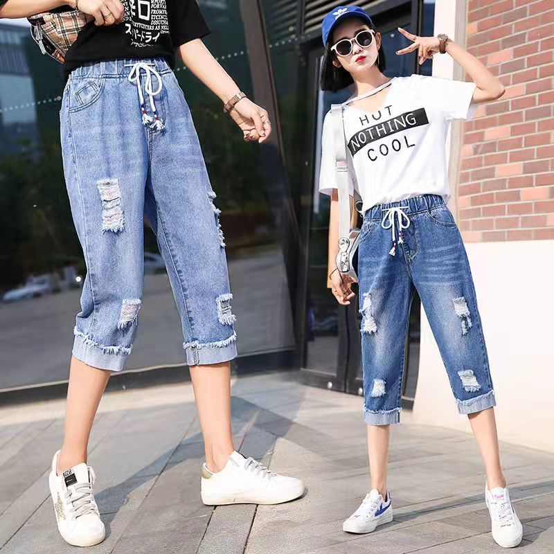 High waist pierced cropped straight jeans women's 2022 summer Korean version loose slim elastic waist fat mm Harlan pants