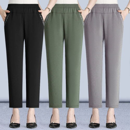 Summer ice silk mother pants women's middle-aged and elderly high waist elastic cropped pants middle-aged straight casual pants women's thin style
