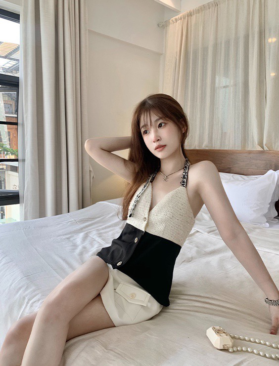 [wgwe] Hong Kong style small fragrant wind splicing neck strap shirt 1850\pcz