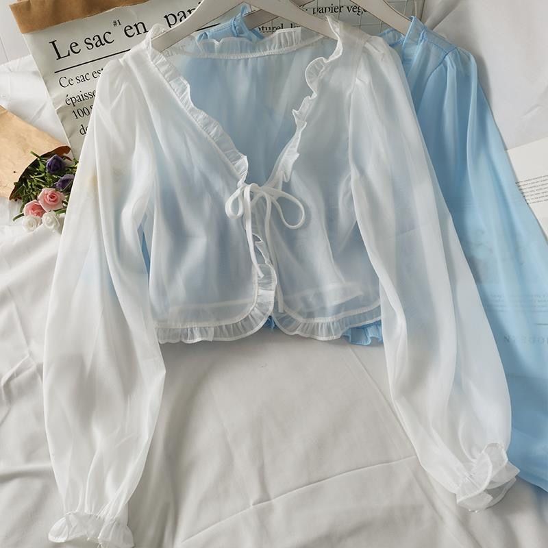 Careful machine short bow tie tie wood ear edge small shawl women 2022 summer loose long sleeve versatile sunscreen shirt