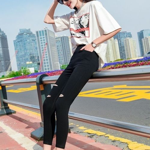 Pierced Leggings women's summer thin style wear out  new high waist slim elastic magic black pencil Leggings