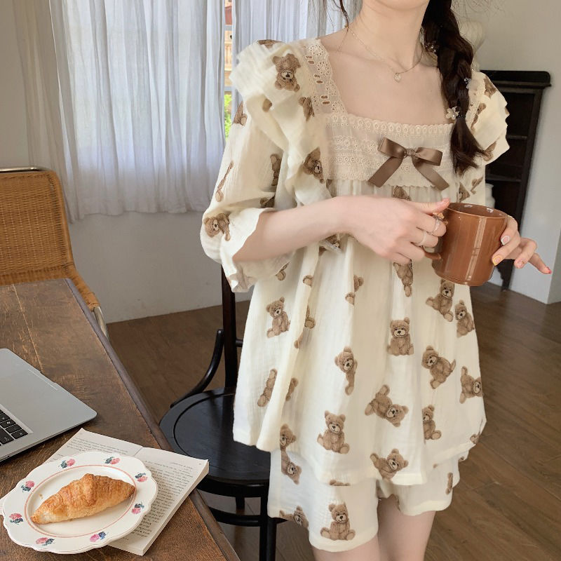 Cute summer bear bow short sleeve shorts pyjamas women summer 2022 new home clothes suit women
