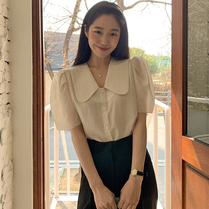 Korean chic summer versatile simple cute baby collar bubble sleeve single breasted solid loose short sleeve shirt women