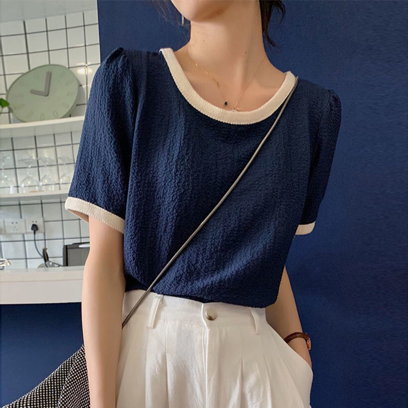 Chiffon shirt 2022 summer new female student Korean fashion small design versatile top short sleeve Pullover T-shirt trend