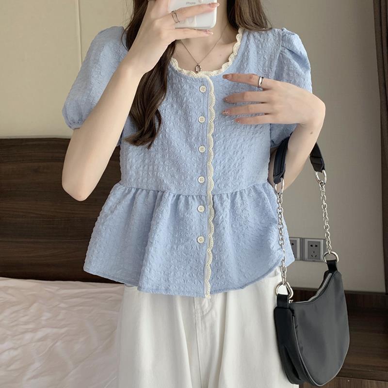 Lace edge bubble sleeve shirt women's summer 2022 new French minority doll shirt short shirt upper garment