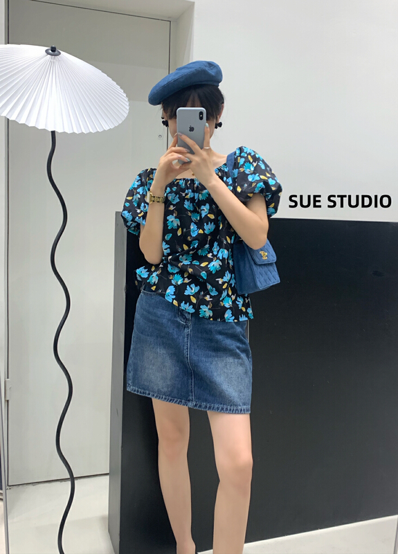 [Sue studio] retro flower one line collar shirt ys1-22296\zjy