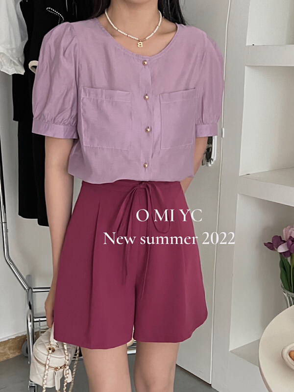 [O MI] exquisite round neck metal button Tencel shirt 8238\hbx