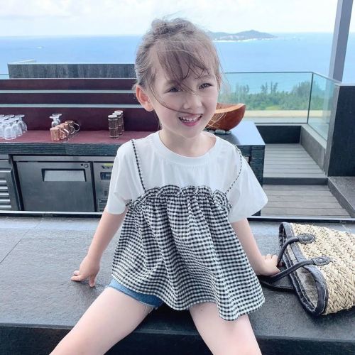 Girls' short sleeve T-shirt fake two  summer new children's foreign style summer clothes baby Korean Plaid top tide t