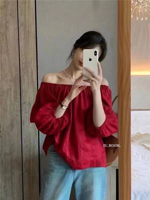 [IU room] solid color off shoulder loose and simple shirt 6108\xyy