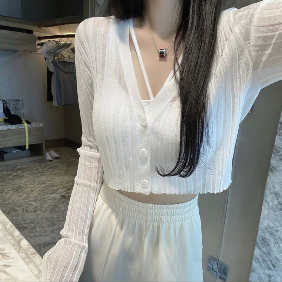 2022 new summer thin white knitted cardigan women wear sunscreen high waist short top ice silk small coat