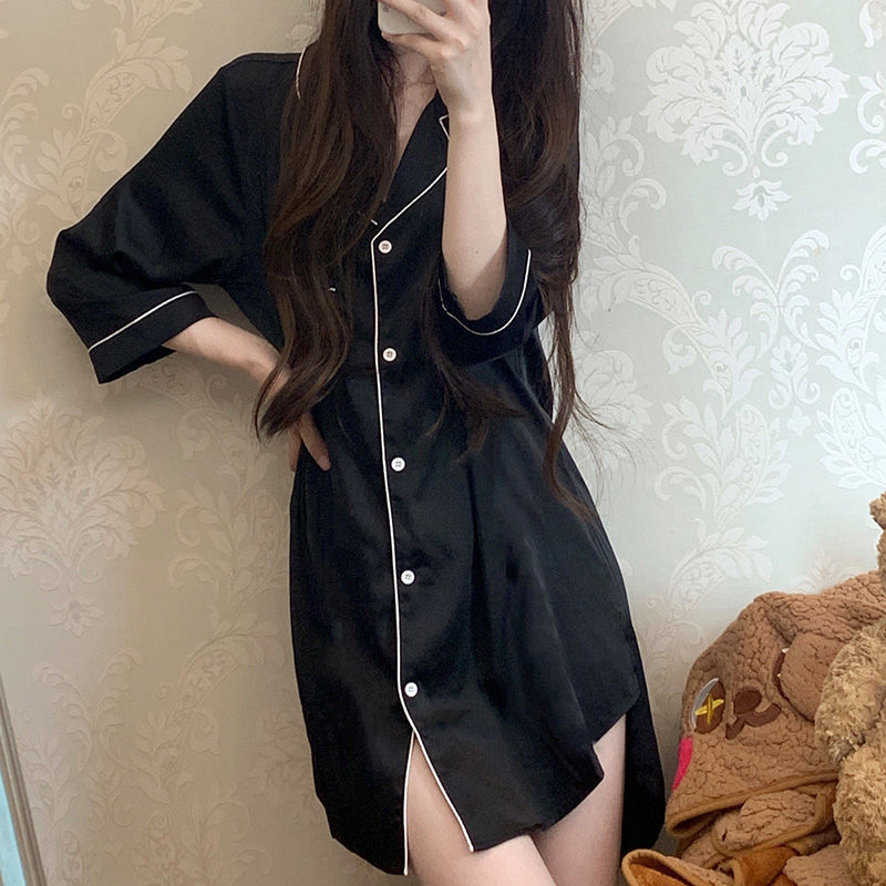 2022 net red new thin small Lapel ice silk pajamas women's summer home clothes nightdress pure style dress