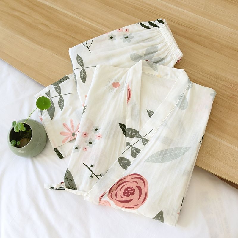 Japanese kimono pajamas women's spring and autumn cotton gauze seven point sleeve Cute Japanese sweet sweat steaming clothes autumn winter summer thin