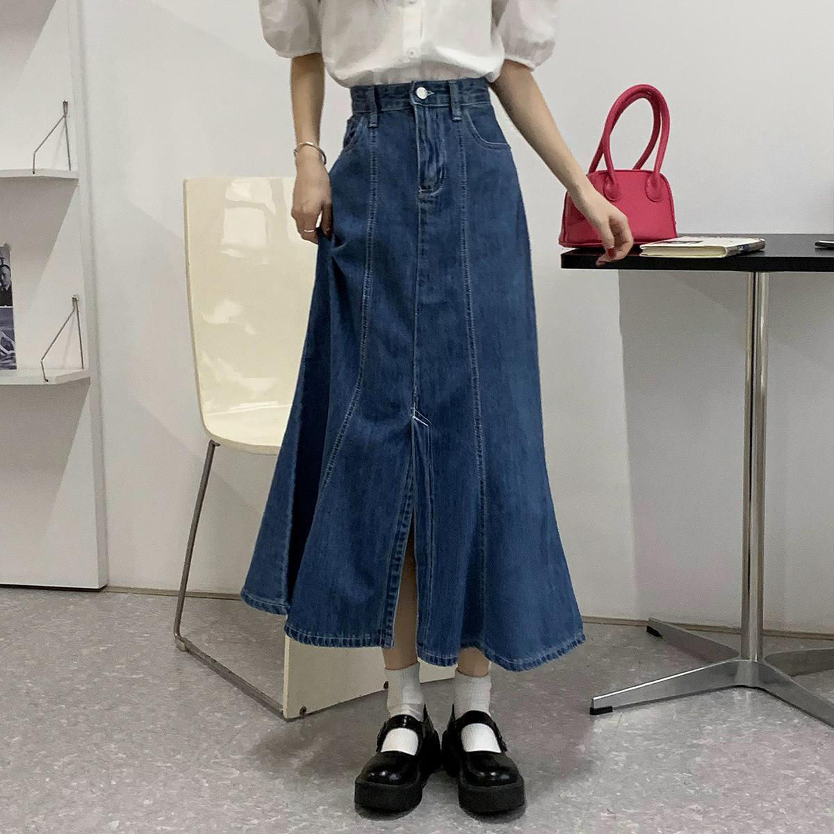 Spring and autumn large size fat mm denim fishtail skirt women's net red fried Street thin high waist A-line wrap hip skirt split skirt
