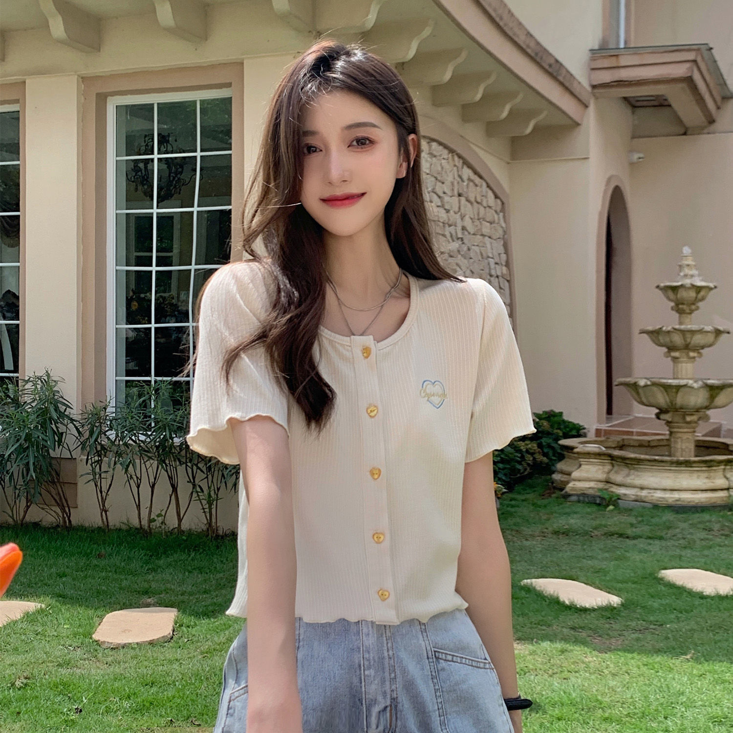 Chic ear edge summer love embroidery T-shirt short sleeve short design niche slim ice silk cardigan top women