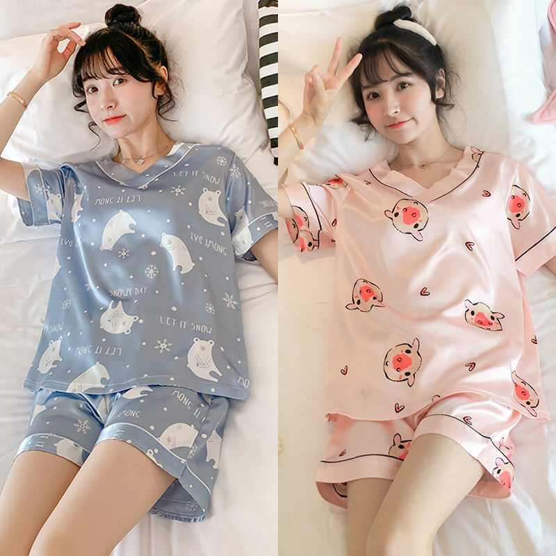 [buy one get one free] ice silk pajamas female summer thin short sleeve cute cartoon female student home clothes set