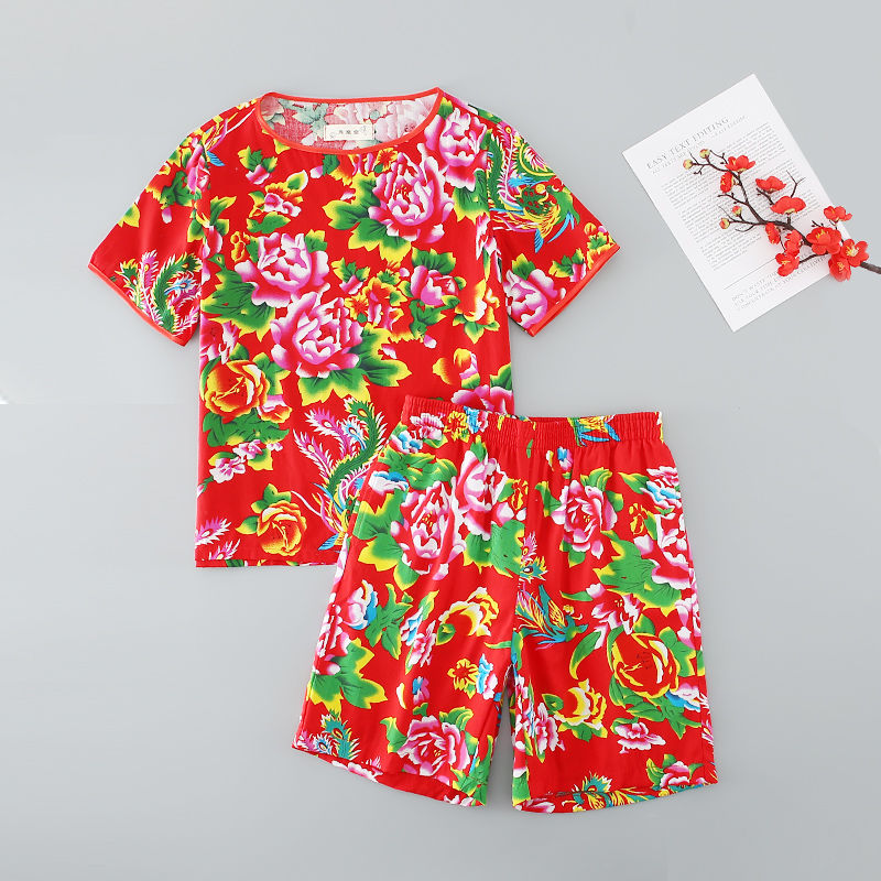 Northeast Dahua cotton women's Tang Dynasty T-shirt short sleeve Shorts Set summer loose vest ethnic stage costume