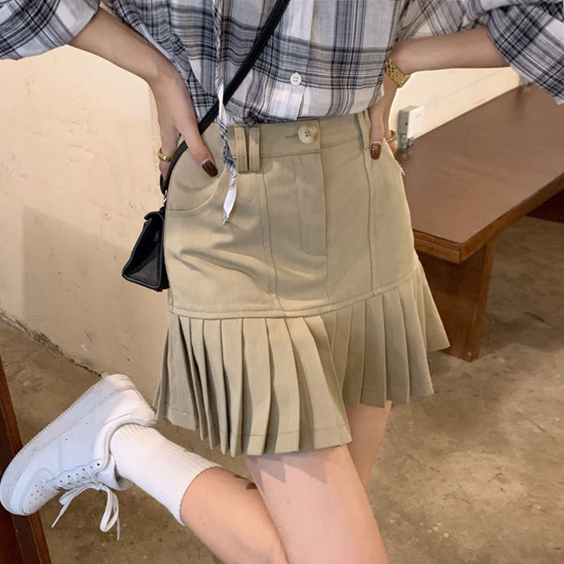 Khaki Skirt women's spring 2022 new high waist thin pleated skirt chic design A-line short skirt