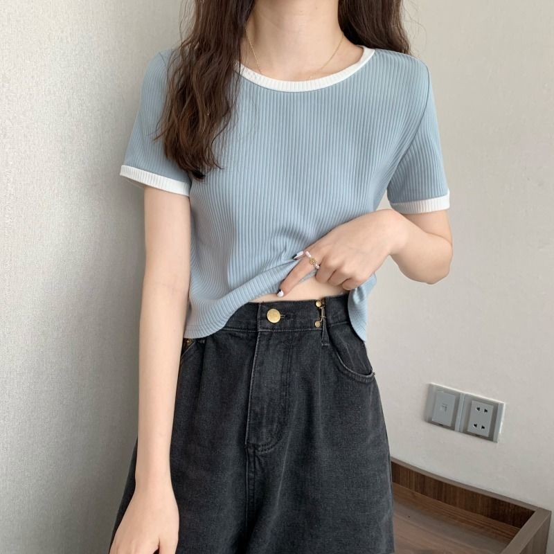 2022 summer new Korean round neck simple and versatile slim fit Western style top short sleeve T-shirt women's design