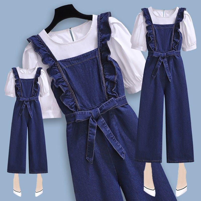 Large women's jeans suspenders summer women 2022 new design sense small straight tube wide leg pants two-piece suit
