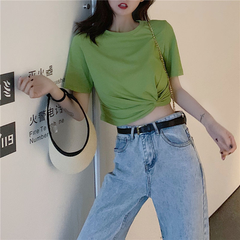 Summer short sleeve T-shirt women's high waist Avocado Green Loose short exposed navel irregular leakage navel top ins