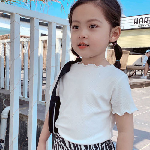 Ice silk Short Sleeve T-Shirt New Korean girls' baby summer clothes versatile stripe foreign style wood ear edge middle and small children's top