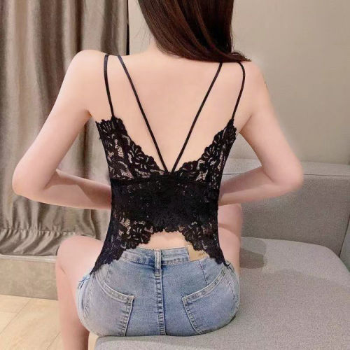 Lace back bra one piece suspender vest top girls wear trend large bottomed underwear with breast pad
