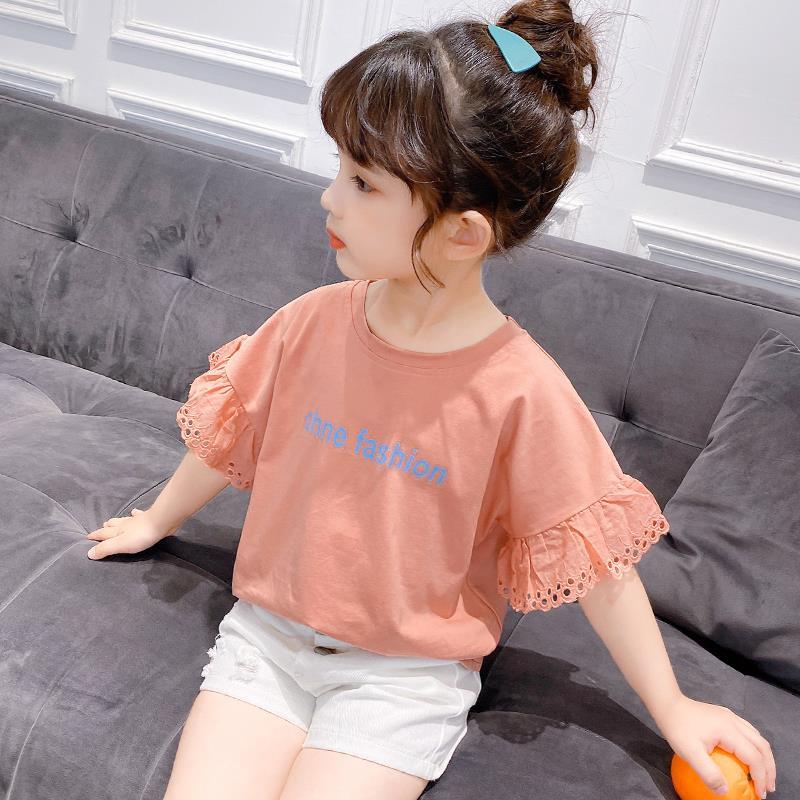 Girls' T-shirt short sleeve summer middle school kids' top trendy kids' 2021 new Korean version foreign style Ruffle children's half sleeve