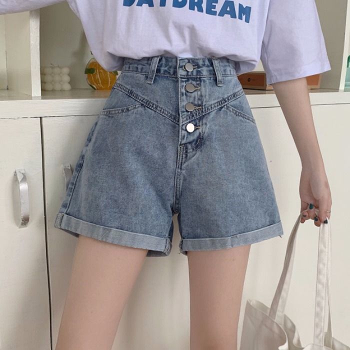 Summer Korean ins design high waist cuffed denim shorts schoolgirl slim loose A-line wide hot pants trend