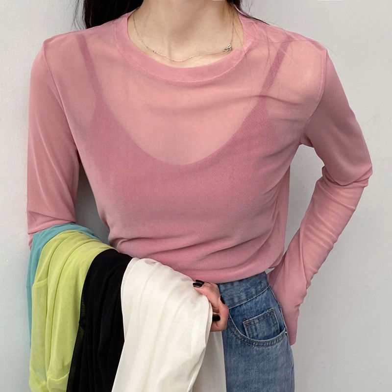 2022 summer candy color ice silk bottoming shirt women's long sleeve mesh sunscreen T-shirt with solid color top thin