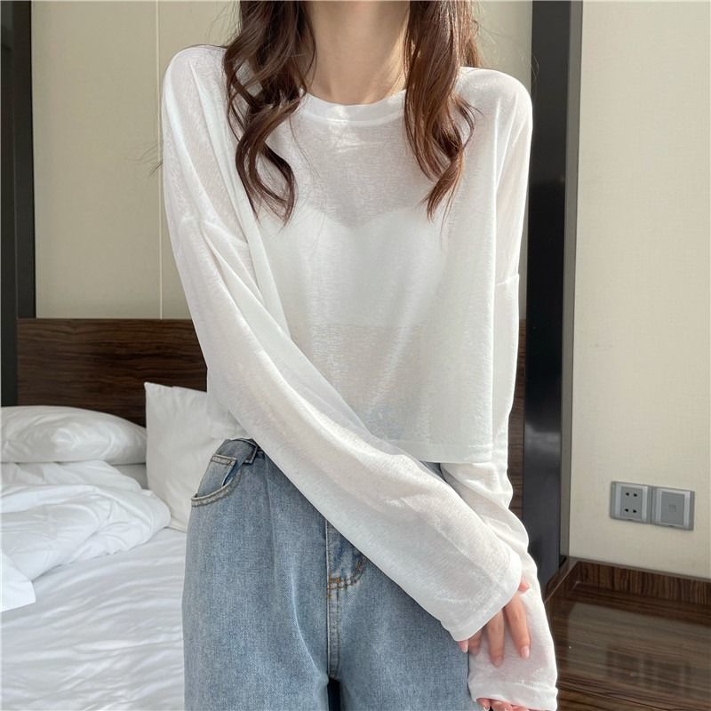 Summer long sleeve thin knitting ice silk sunscreen blouse women's oversized fat mm loose short white top fashion