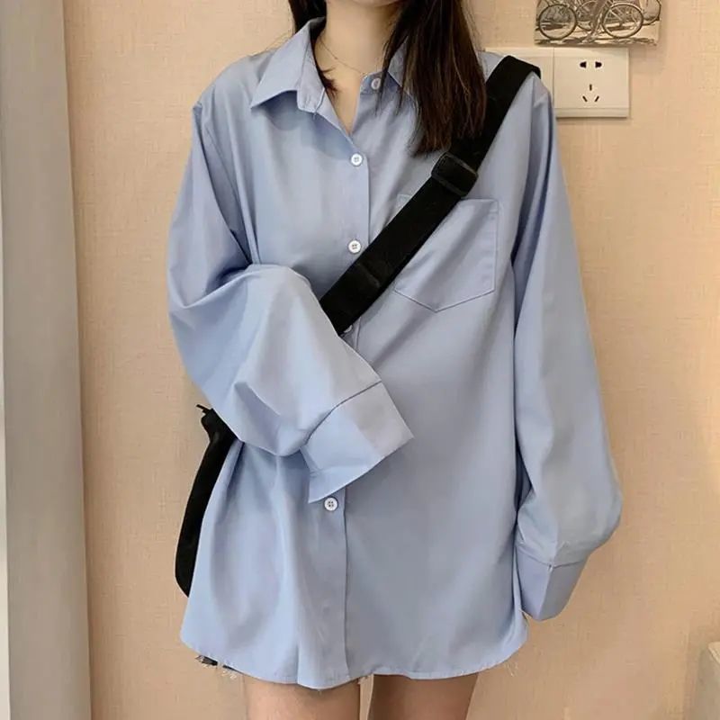 New loose casual BF style shirt fashion long sleeve cardigan coat early autumn lazy style popular blue shirt