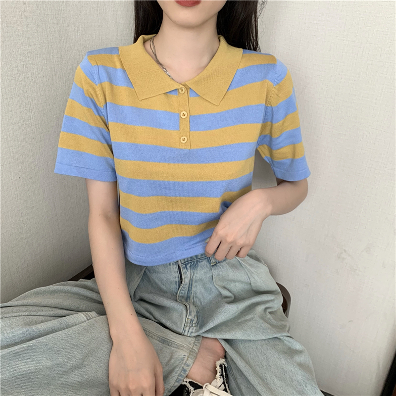 Real price new striped color matching knitted short sleeve T-shirt open back design polo shirt