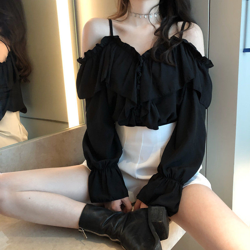 Fairy Chiffon 2022 spring new Korean V-neck sling Ruffle loose flare sleeve shirt women's top fashion