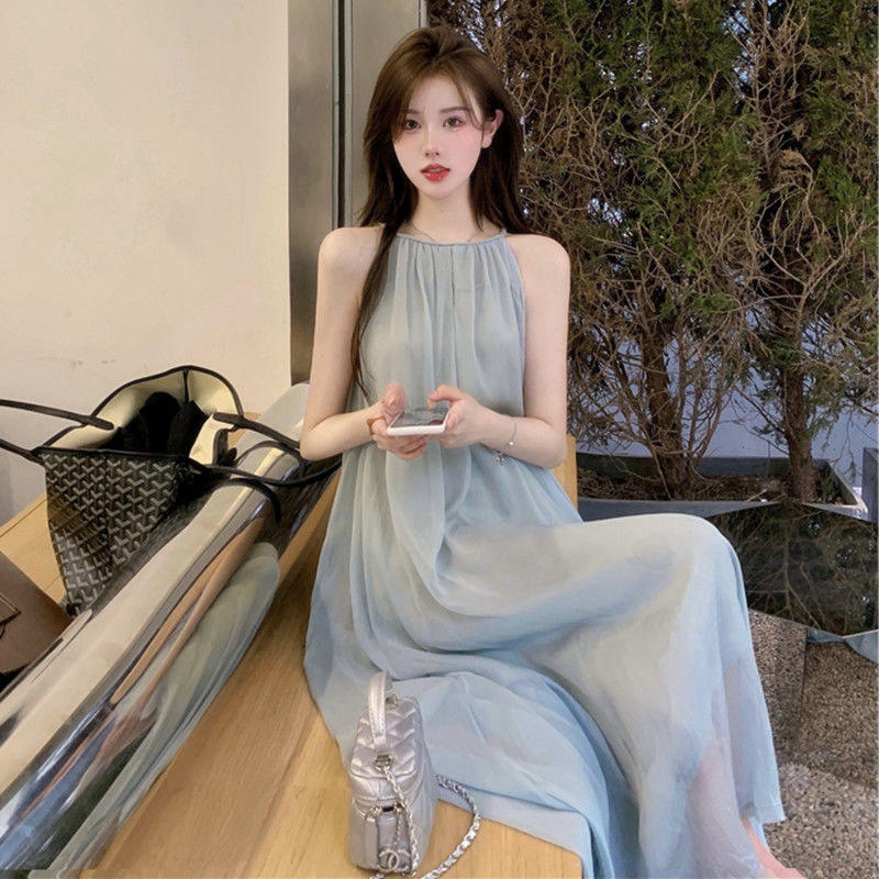 Neck suspender dress thin spring fairy skirt pure style design sense of minority irregular mesh skirt fashion