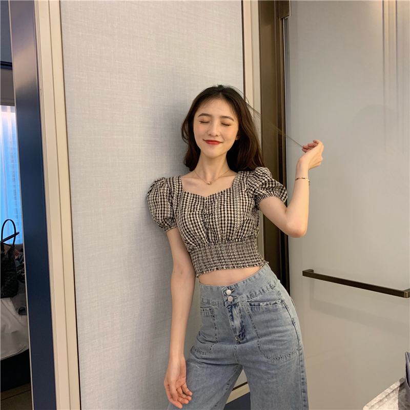 Short shirt with square collar, plaid and foam sleeves