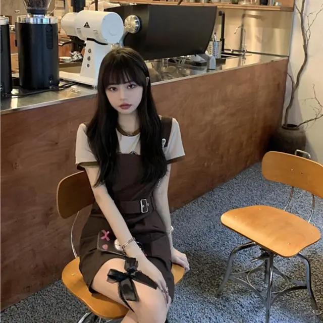 One piece suit troublemaker ~ summer retro printed bear short sleeve shirt T-shirt + high waist strap dress female