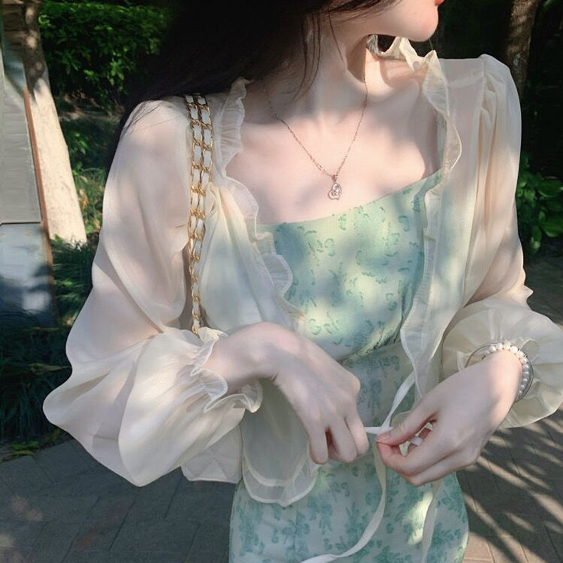 Chiffon cardigan sunscreen clothes female summer super fairy fungus lace up sunscreen blouse foreign style versatile air conditioning shirt fashion